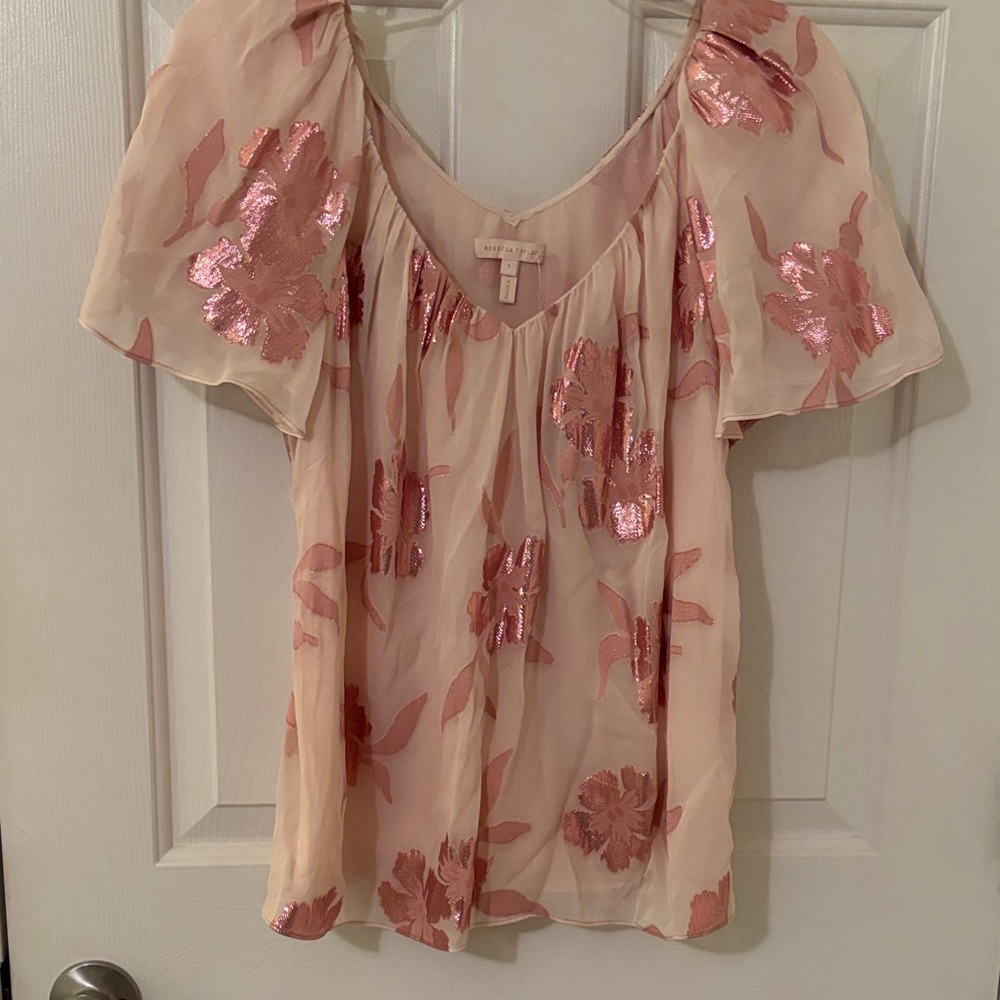Rebecca Taylor Blush Pink Silk Floral Blouse with cream lining